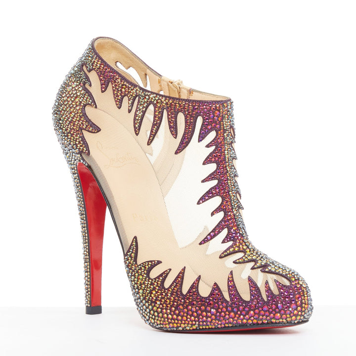 rare CHRISTIAN LOUBOUTIN Marale Boot 140 Suede Vulcano strass crystal mesh EU38