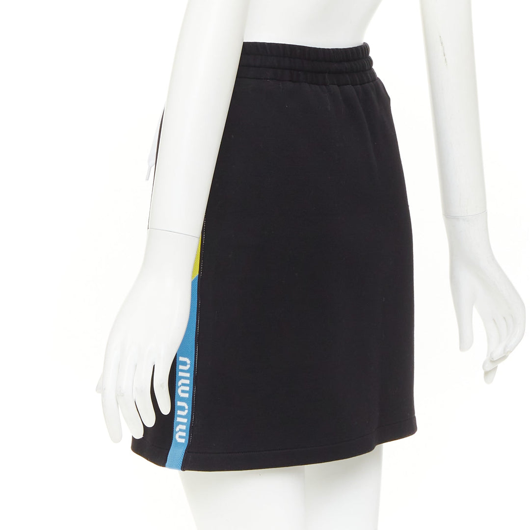 MIU MIU 2019 black cotton jersey blue logo sporty stripe drawstring skirt XS