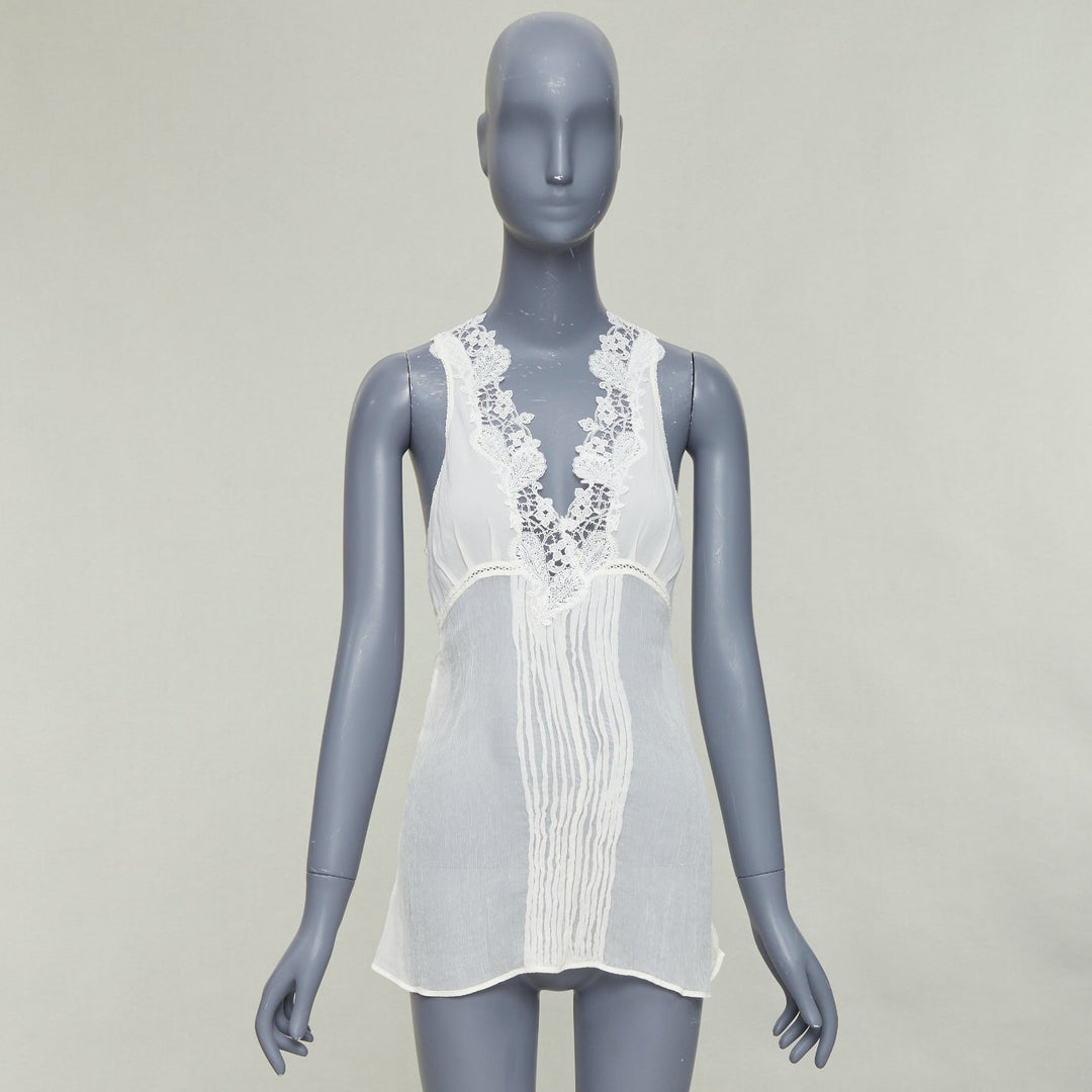 LA PERLA cream silk floral lace trim pleated deep V back cut out tank top Sz1 XS