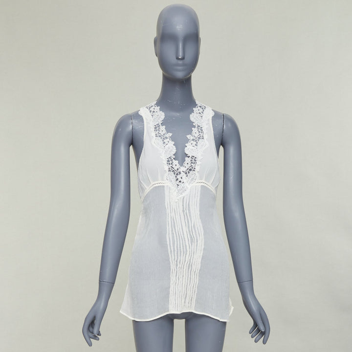 LA PERLA cream silk floral lace trim pleated deep V back cut out tank top Sz1 XS