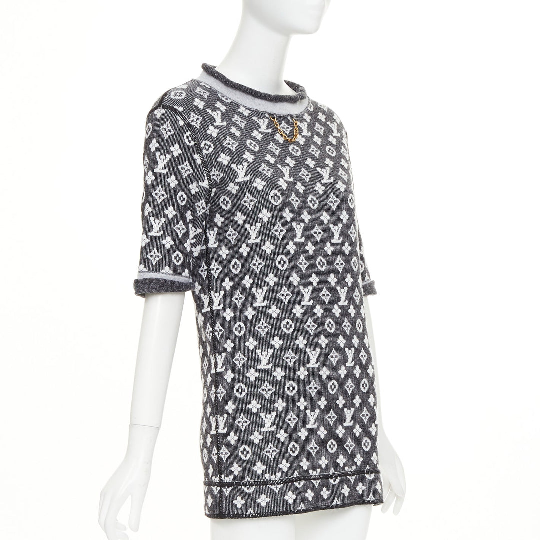 LOUIS VUITTON 2023 grey cream wool cotton LV monogram chain collar mini dress XS