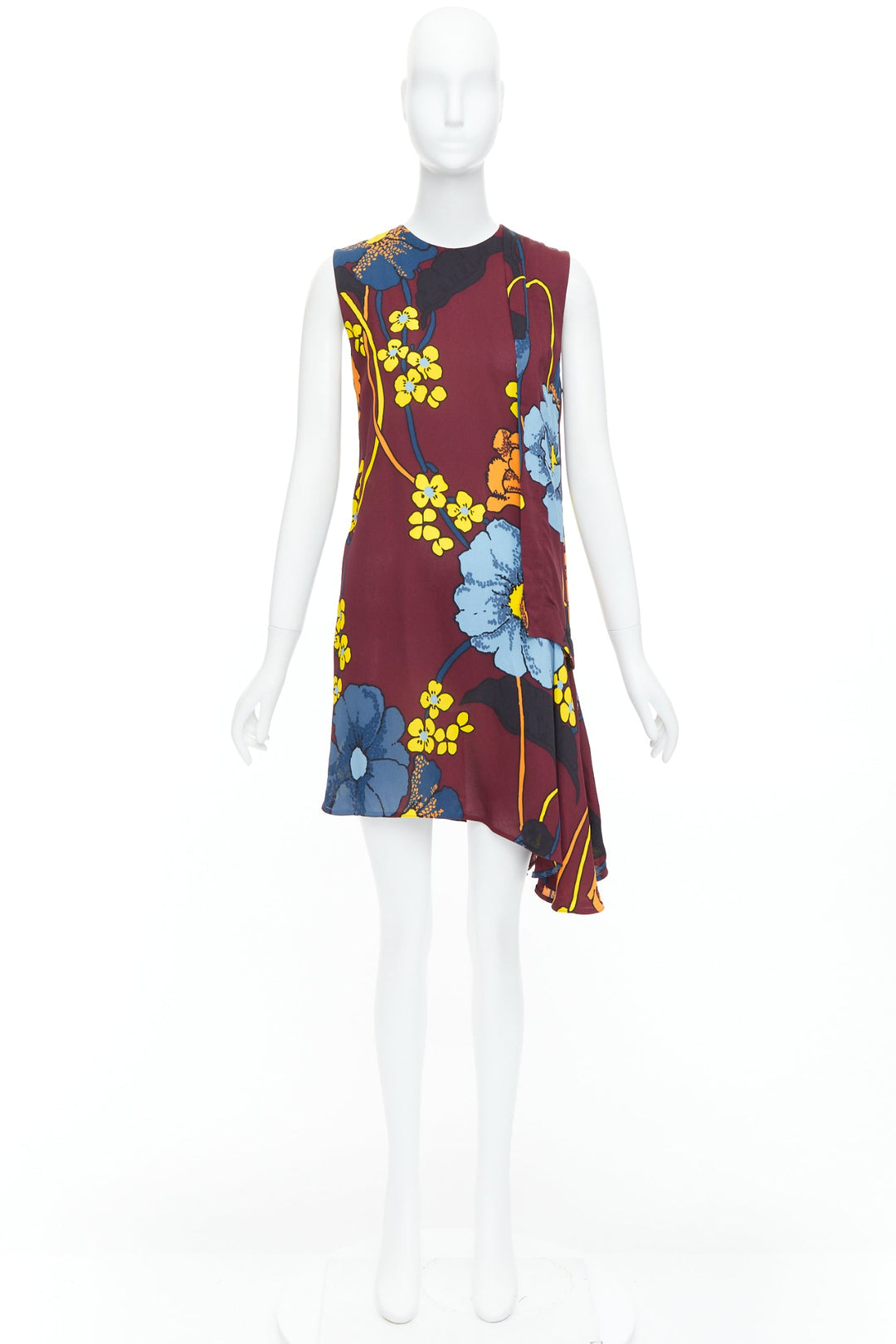 MARNI burgundy yellow blue floral print asymmetric hem dress IT38 XS