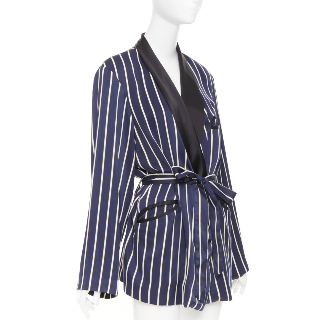 RAEY navy white stripe silk trim belted kimono smoking pajama tux jacket UK8 S