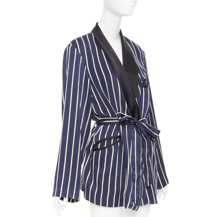 RAEY navy white stripe silk trim belted kimono smoking pajama tux jacket UK8 S