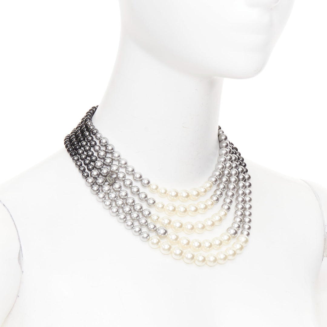 CHANEL 13B black white grey ombre CC multi-strand resin pearl collar necklace