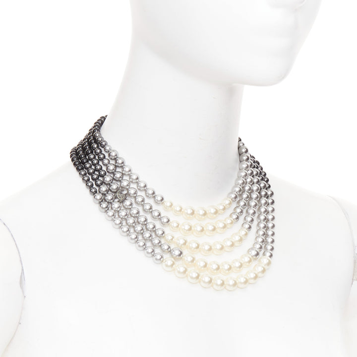 CHANEL 13B black white grey ombre CC multi-strand resin pearl collar necklace