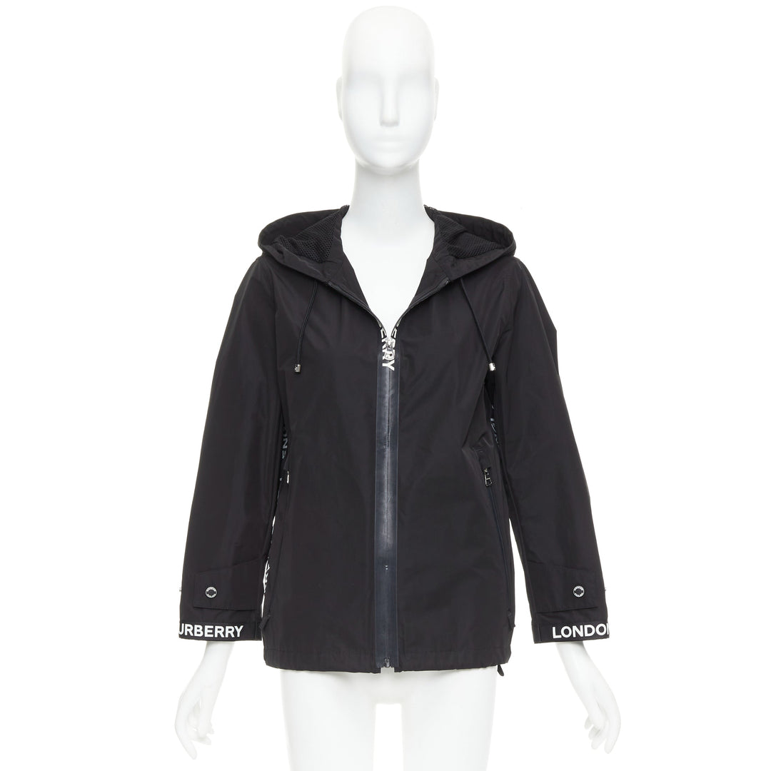 BURBERRY black nylon logo trim hooded windbreaker jacket IT34 XXS