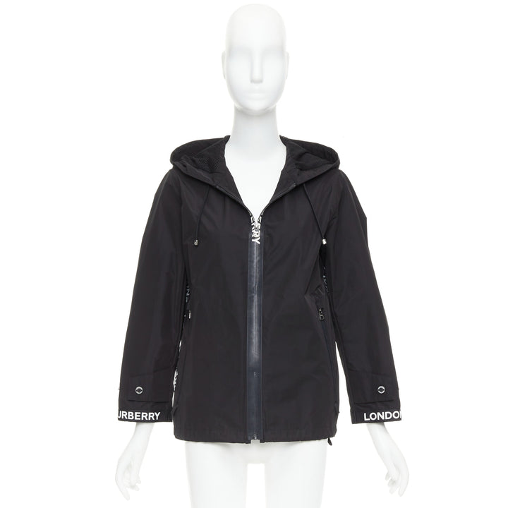 BURBERRY black nylon logo trim hooded windbreaker jacket IT34 XXS