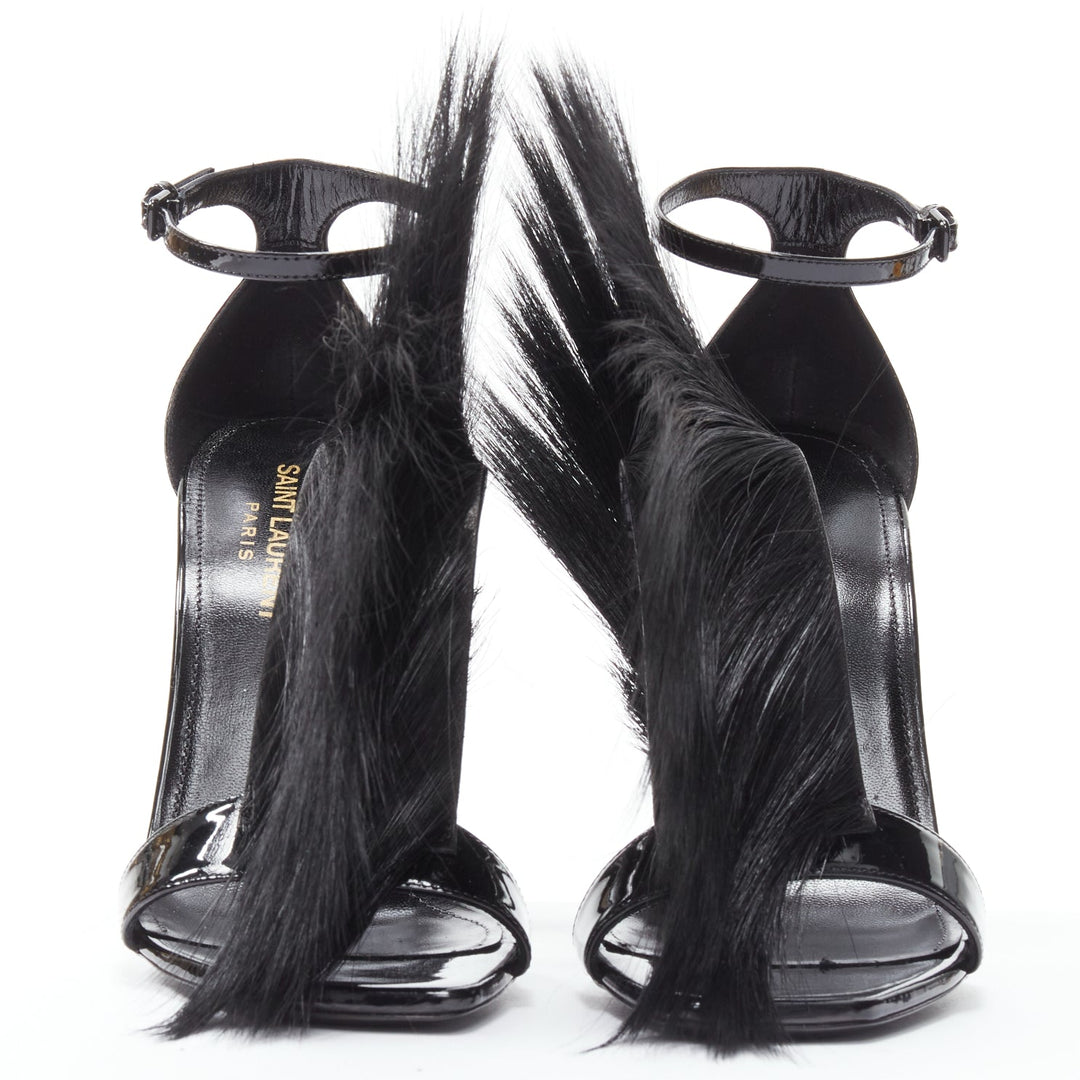 SAINT LAURENT Jamie 110 Runway black fur mohawk patent sandals EU37