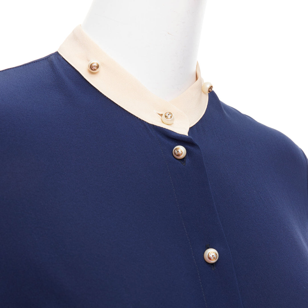 GUCCI 2017 navy 100% silk GG pearl buttons ruffle trim blouse shirt IT40 S
