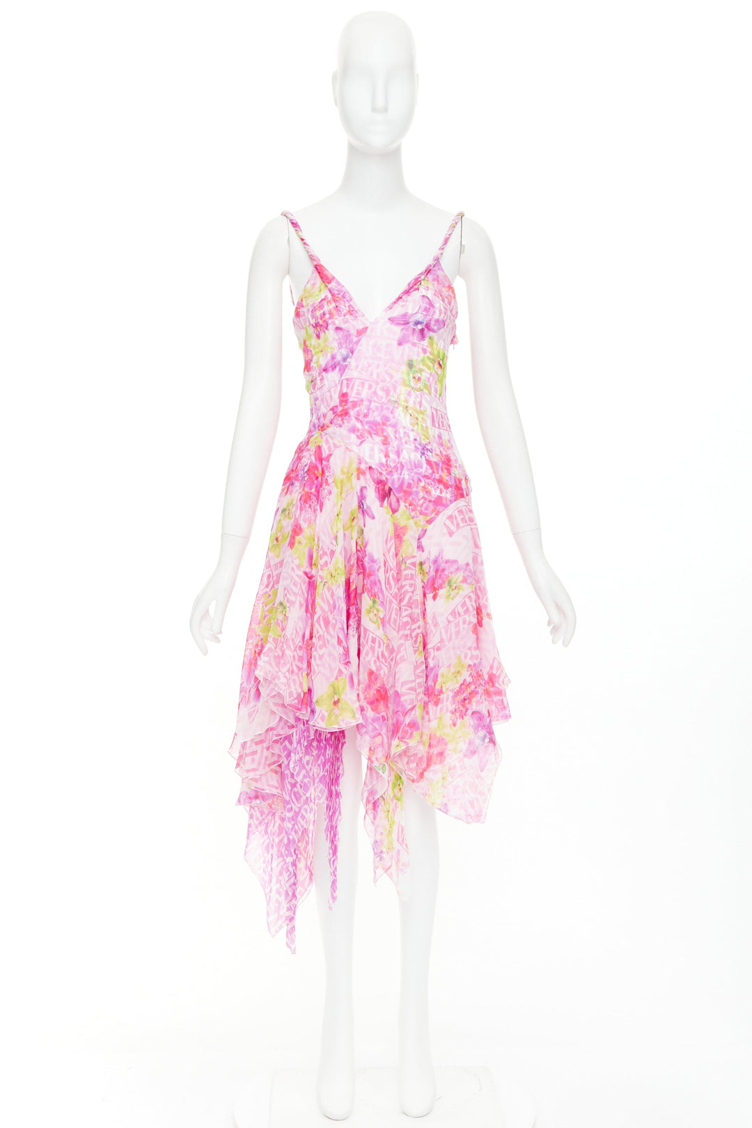 VERSACE 2023 Runway silk chiffon pink orchid logo chiffon pleated dress IT38