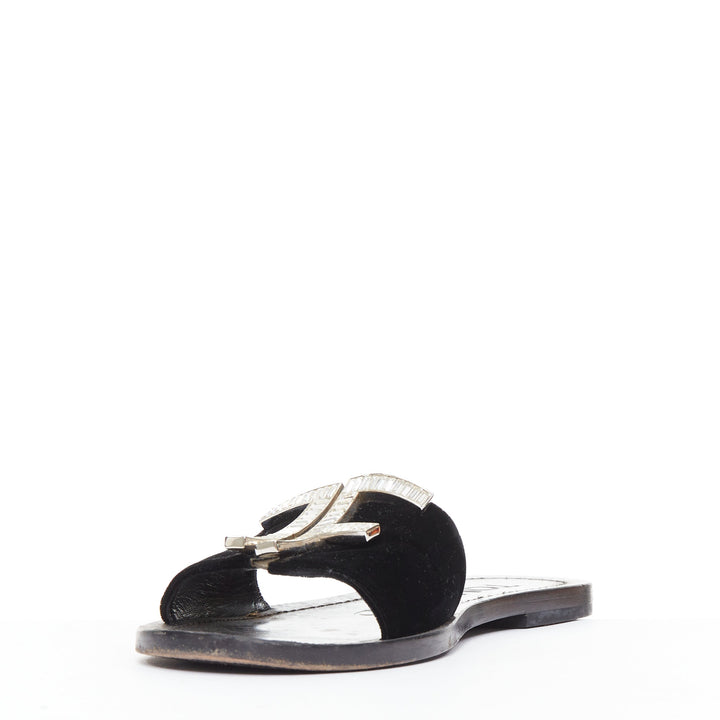 TOM FORD black velvet silver big crystal TF embellished flat sandals EU38