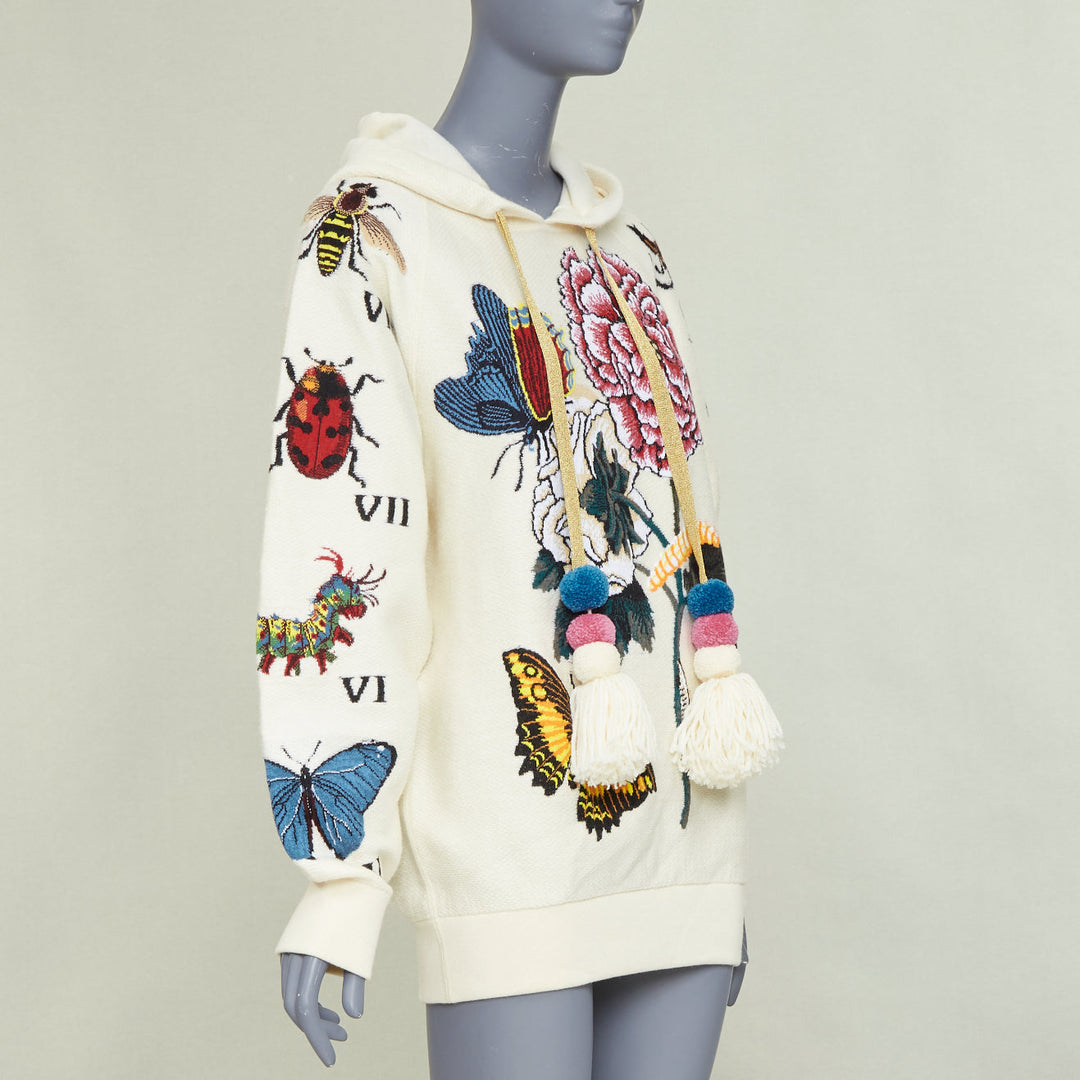 GUCCI 2017 Runway ivory wool cotton pom pom embroidered insect floral hoodie XXS