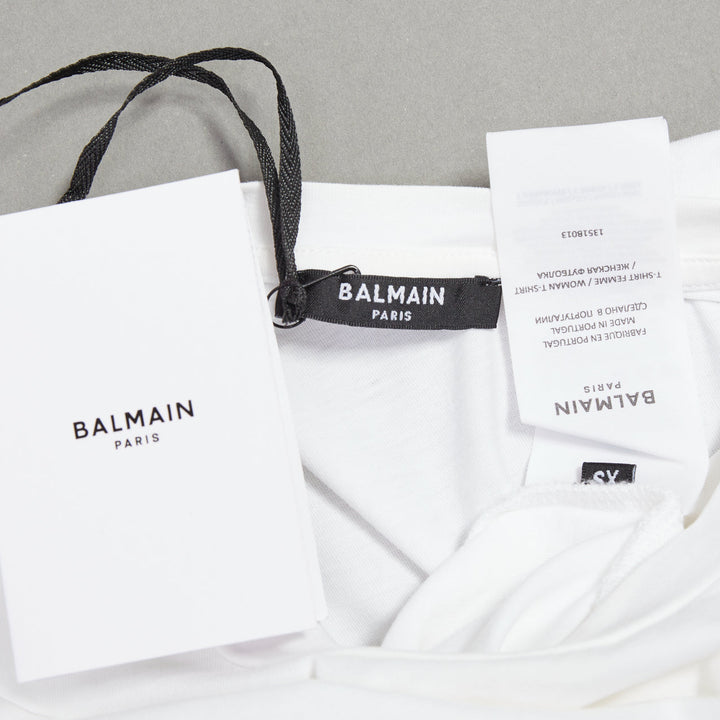 BALMAIN white cotton black logo felt print cap roll sleeve tshirt XS