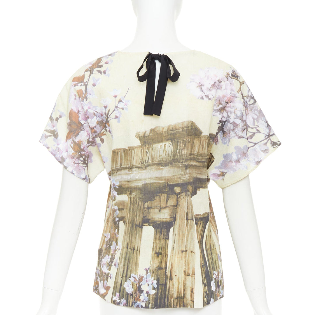 DOLCE GABBANA 100% silk cream purple Rome Ruins floral print boxy top IT38 XS