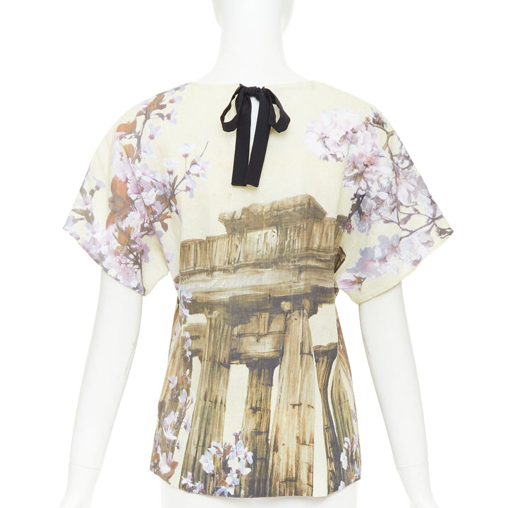 DOLCE GABBANA 100% silk cream purple Rome Ruins floral print boxy top IT38 XS