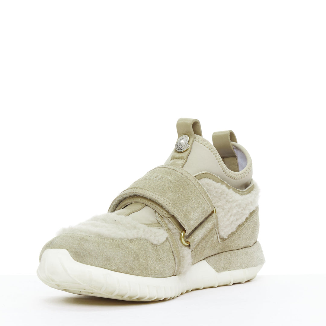 MONCLER stone suede shearling panels logo magic tape sneakers EU38