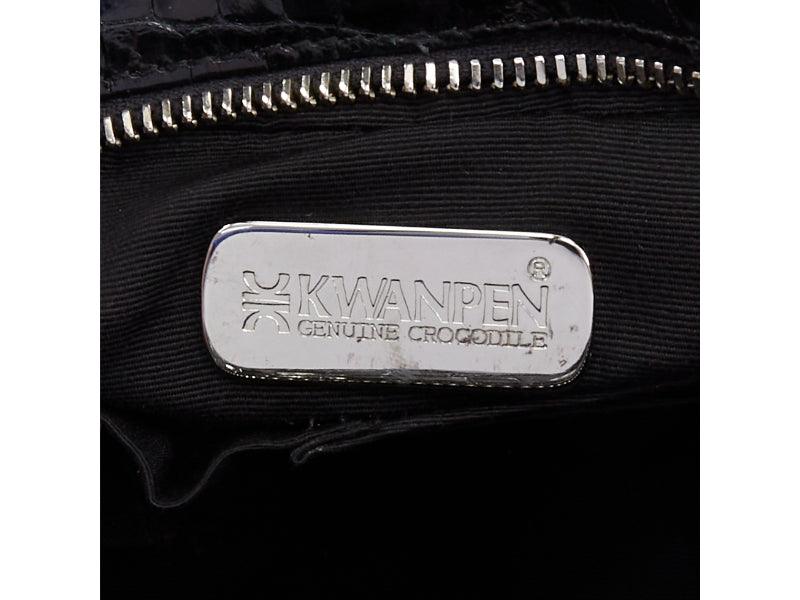 KWANPEN black high shine glossy scaled leather silver hardware zip top handbag