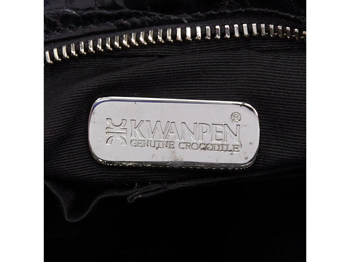 KWANPEN black high shine glossy scaled leather silver hardware zip top handbag