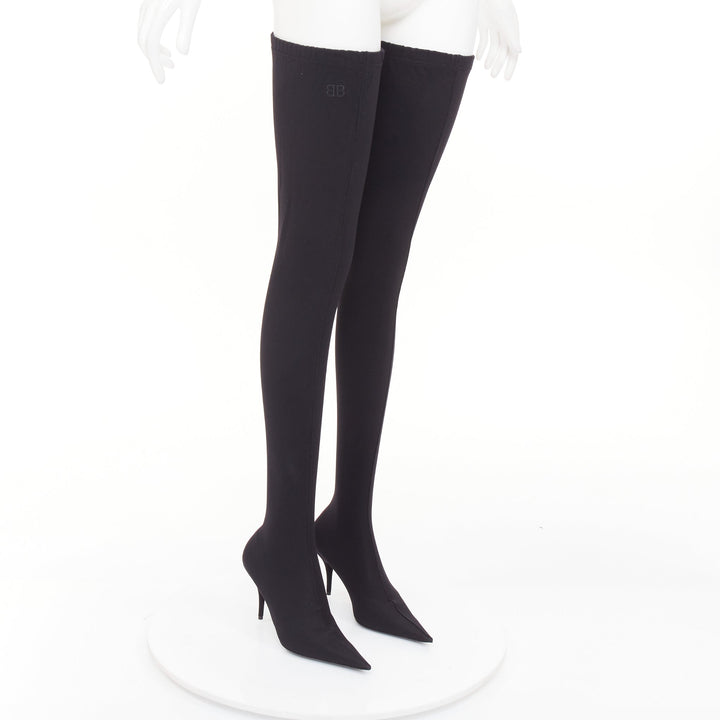 BALENCIAGA Demna Knife black crepe jersey BB embroidered thigh high boots EU38