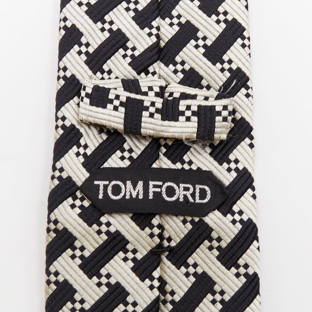 TOM FORD black white silk cotton geometric woven jacquard dress tie