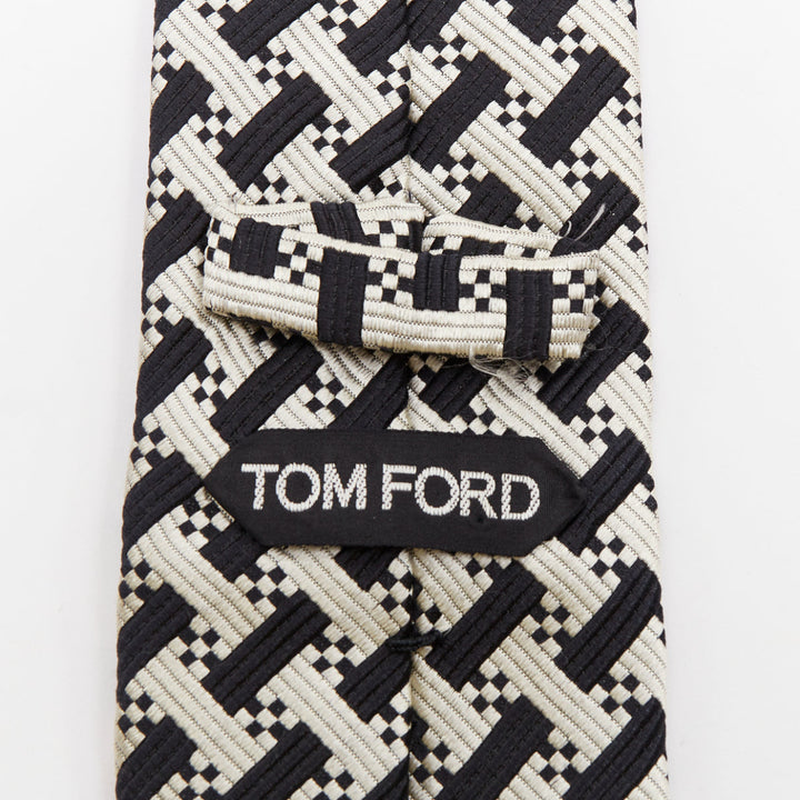 TOM FORD black white silk cotton geometric woven jacquard dress tie