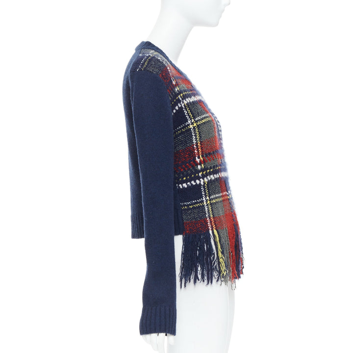 DIOR navy red plaid tartan cashmere silk fringe hem sweater FR36 S