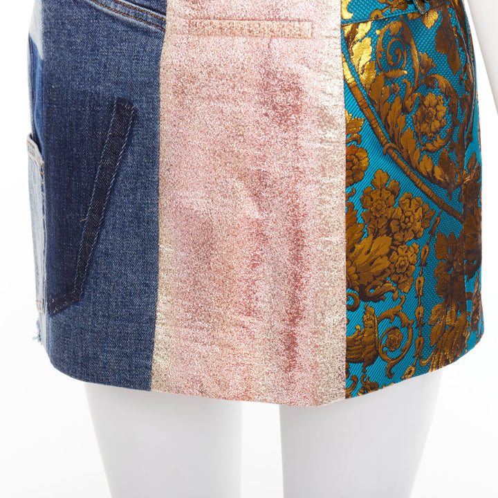 DOLCE GABBANA Denim Minirock gold blue jacquard patchwork mini skirt IT38 XS