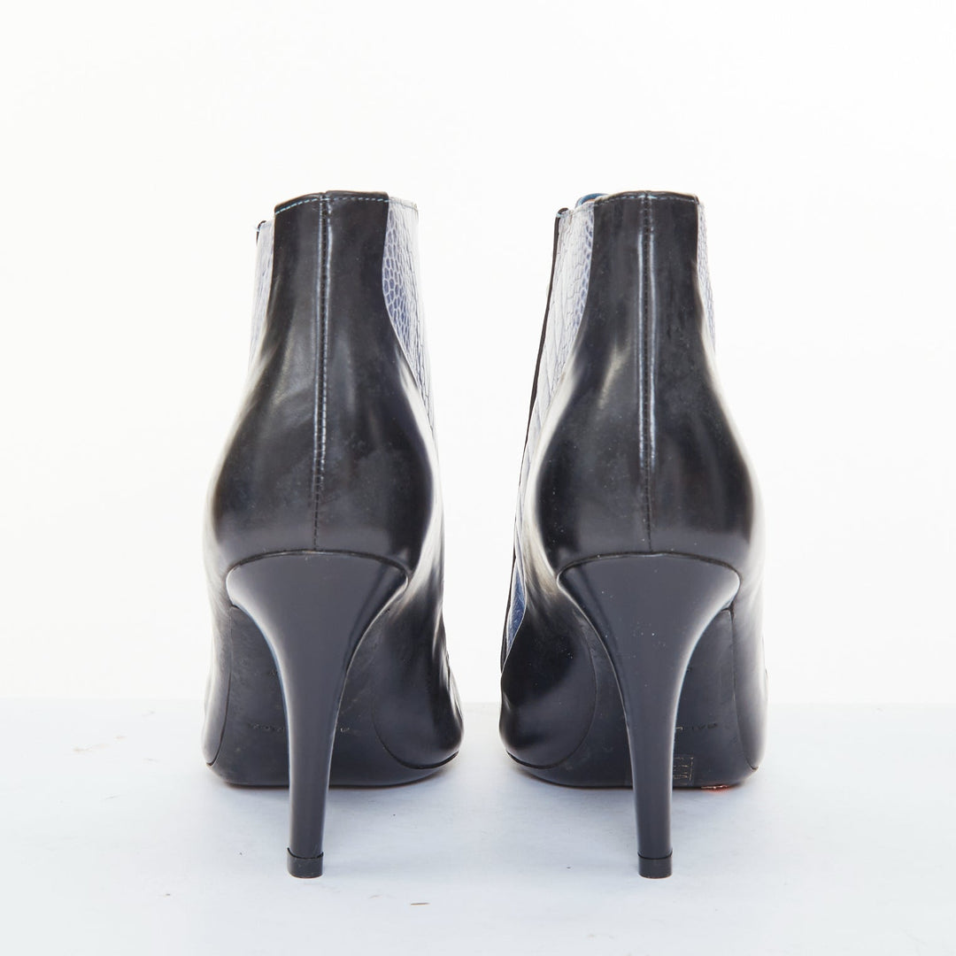 BALENCIAGA 2012 Runway blue emboss black leather lace up high heel booties EU36