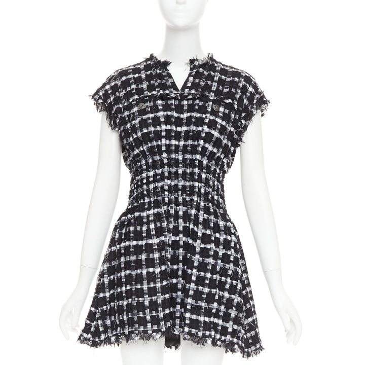 CHANEL 2011 black white checkered frayed tweed buttons ruched mini dress FR36 S