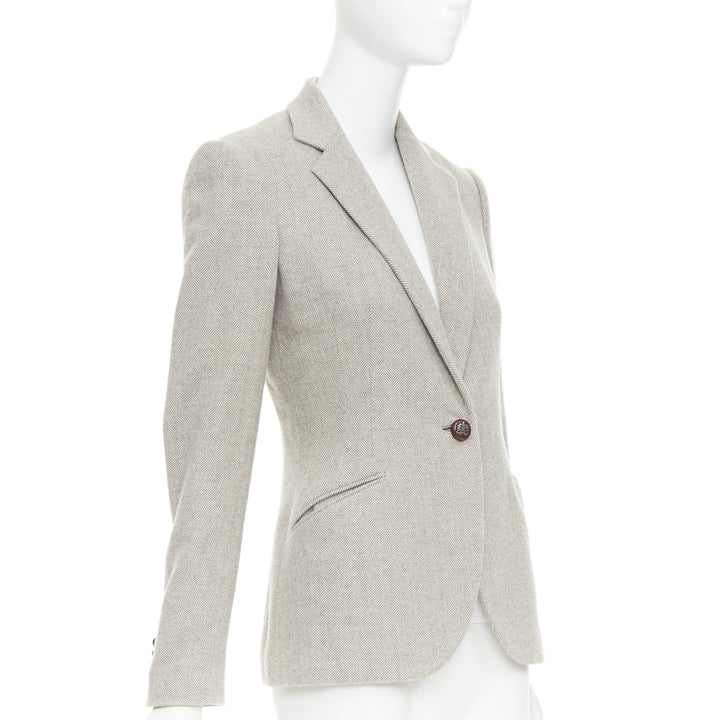RALPH LAUREN Black Label grey merino wool herringbone leather button blazer US2
