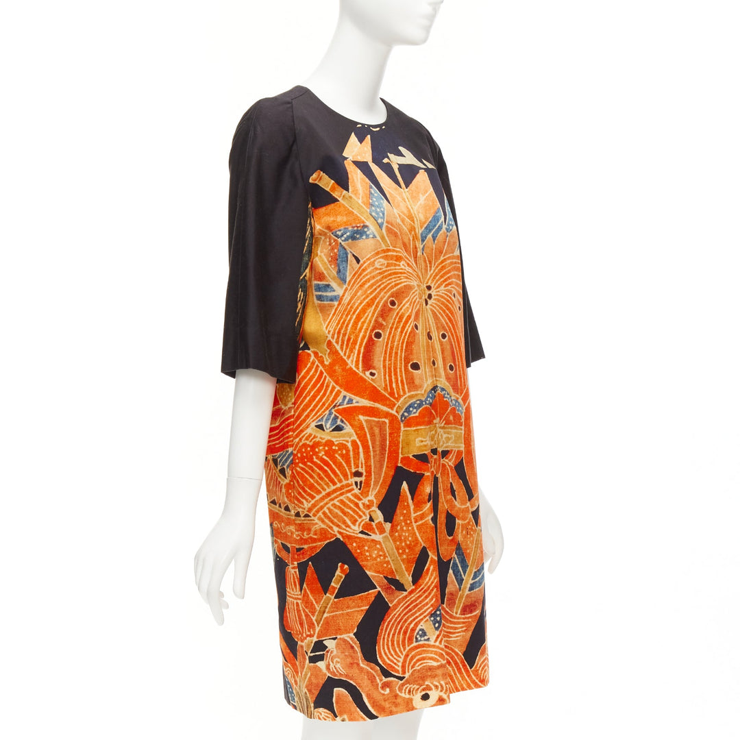 DRIES VAN NOTEN orange black cotton abstract ethnic print shift dress FR40 L