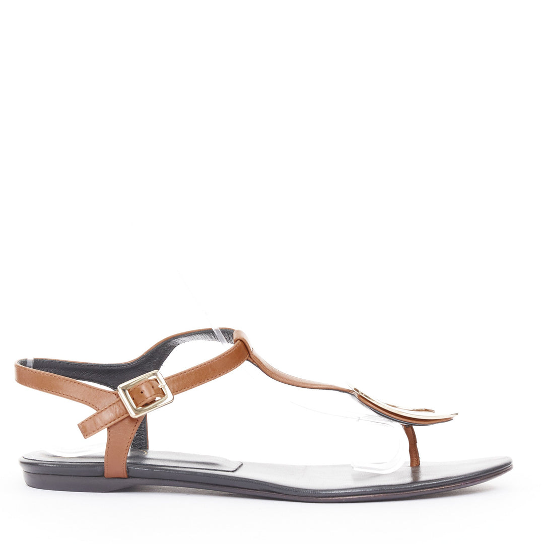 ROGER VIVIER Chips brown leather gold buckle tstrap comfort thong sandals EU37