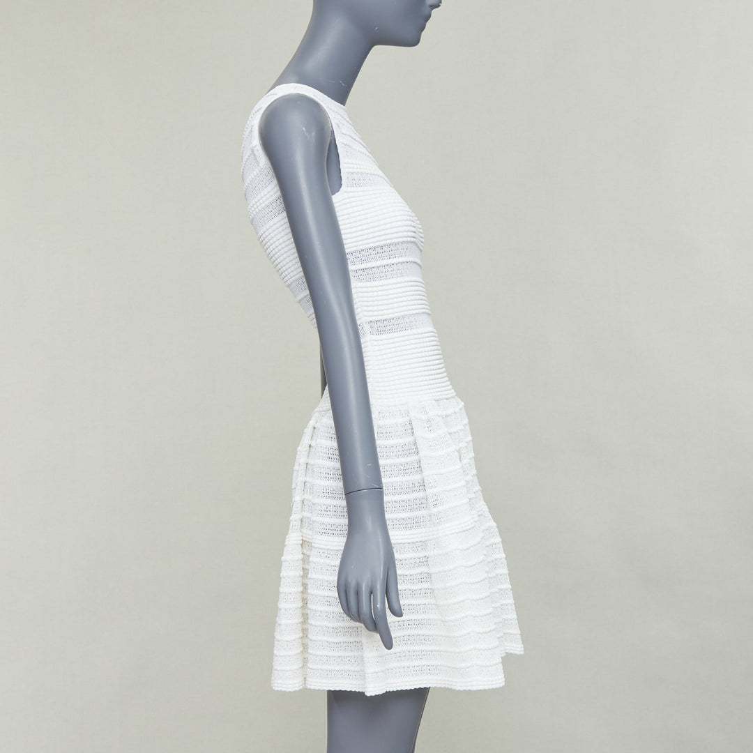 ALAIA cream viscose blend horizontal tiered knit fit flare mini dress FR36 S