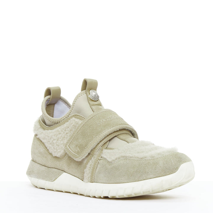 MONCLER stone suede shearling panels logo magic tape sneakers EU38