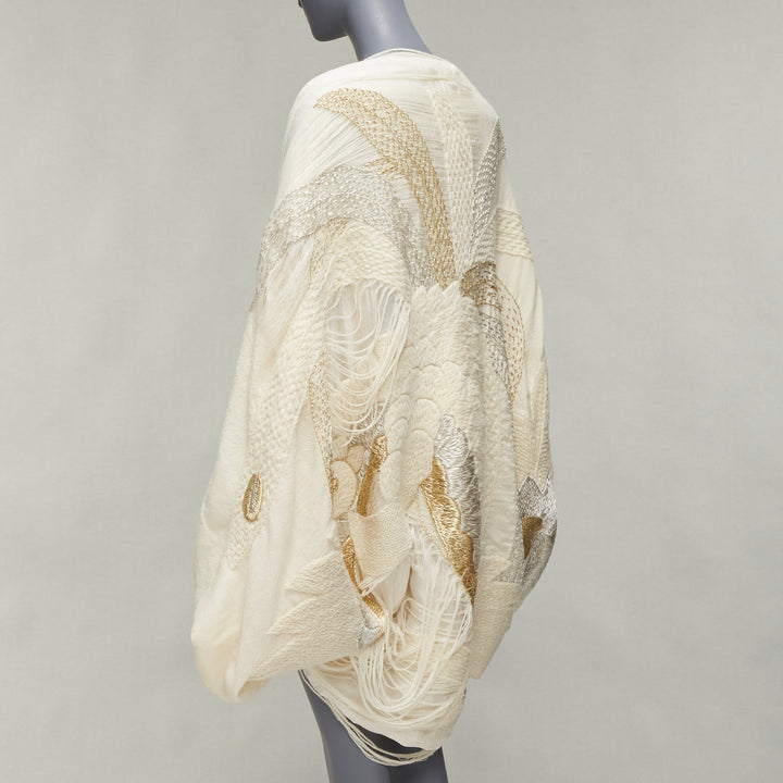 NO BRAND cream gold silver embroidery fringe applique oversized shawl