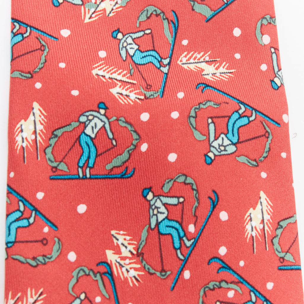 HERMES 7601 SA red blue blue skiier snow fall print silk tie