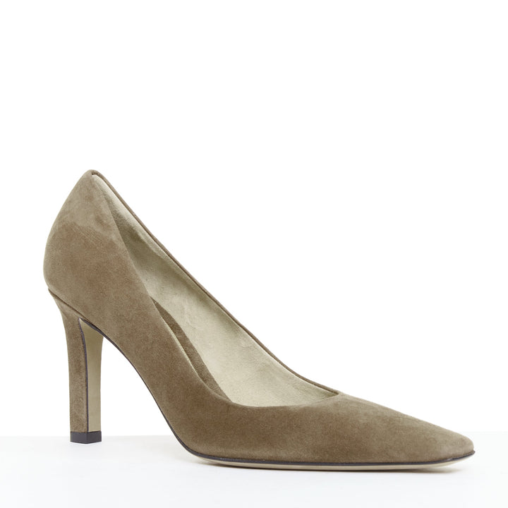 THE ROW Carla 80 dark taupe goatskin suede elongated square toes pumps EU38