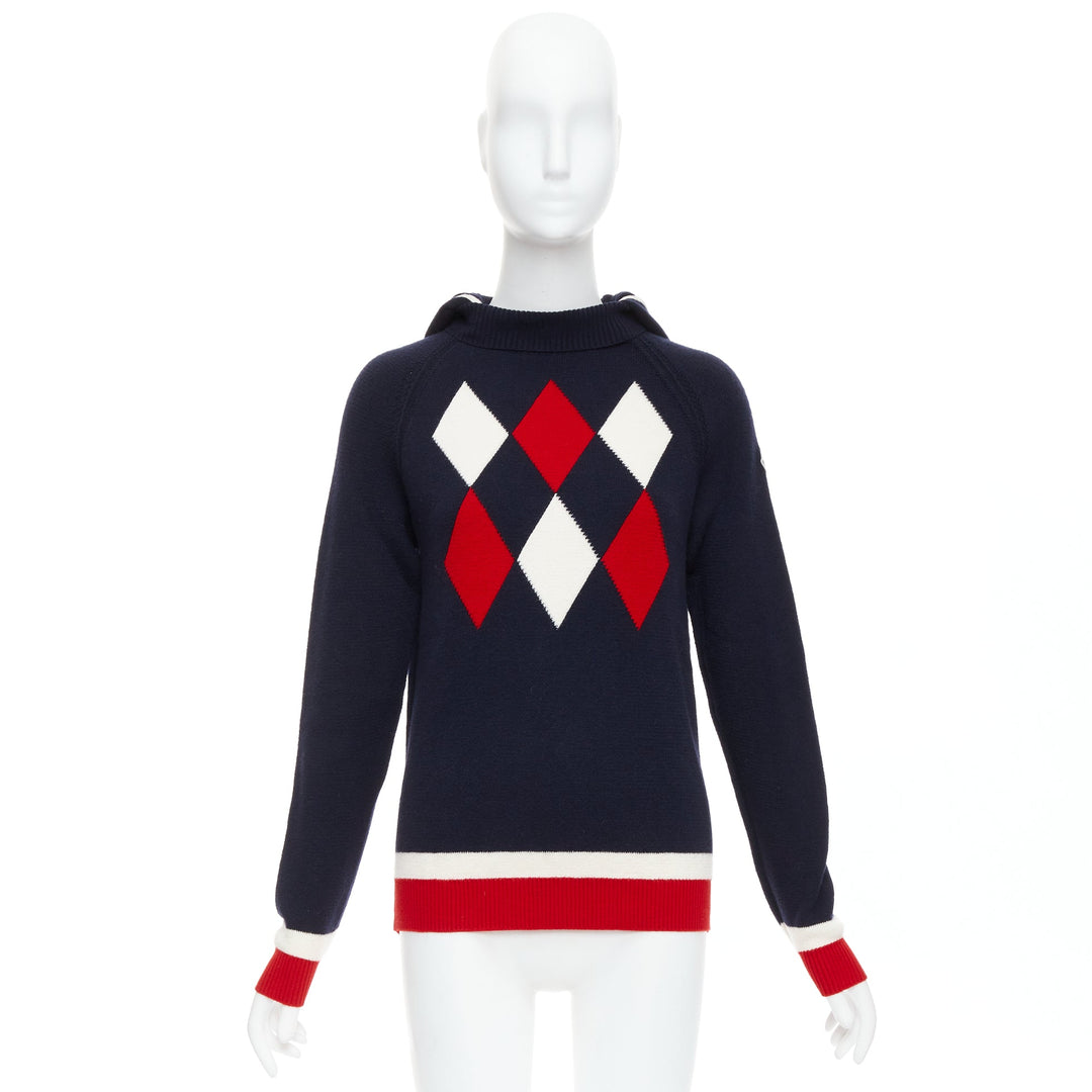 MONCLER 2017 red navy white wool argyle turtleneck sweater top XS