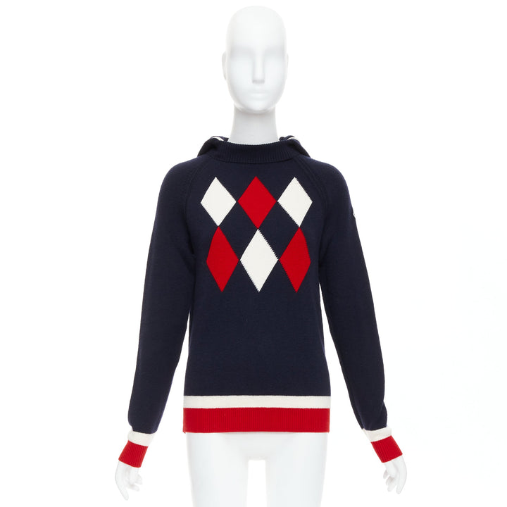 MONCLER 2017 red navy white wool argyle turtleneck sweater top XS