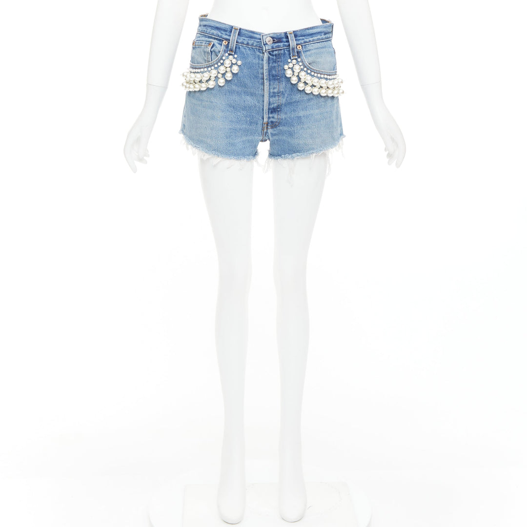 rare MIU MIU LEVI'S 2021 washed denim pearl embellished cut off shorts 25"