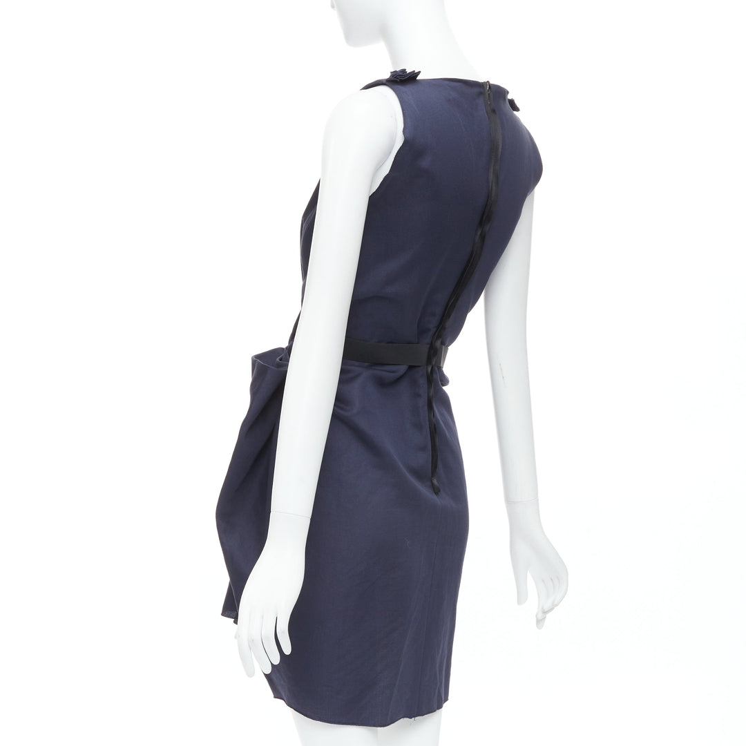 LANVIN 2010 navy ramie cotton drape black belted mini dress FR36 S