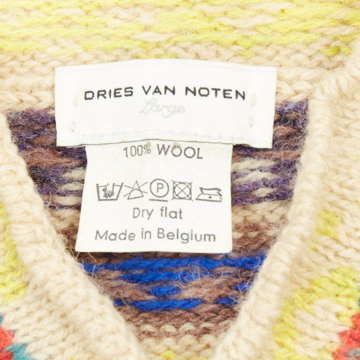 DRIES VAN NOTEN beige striped fairisle shetland wool sweater L