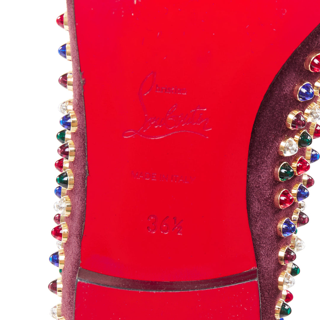 CHRISTIAN LOUBOUTIN burgundy suede jewel tone gripoix stone stud loafers EU36.5