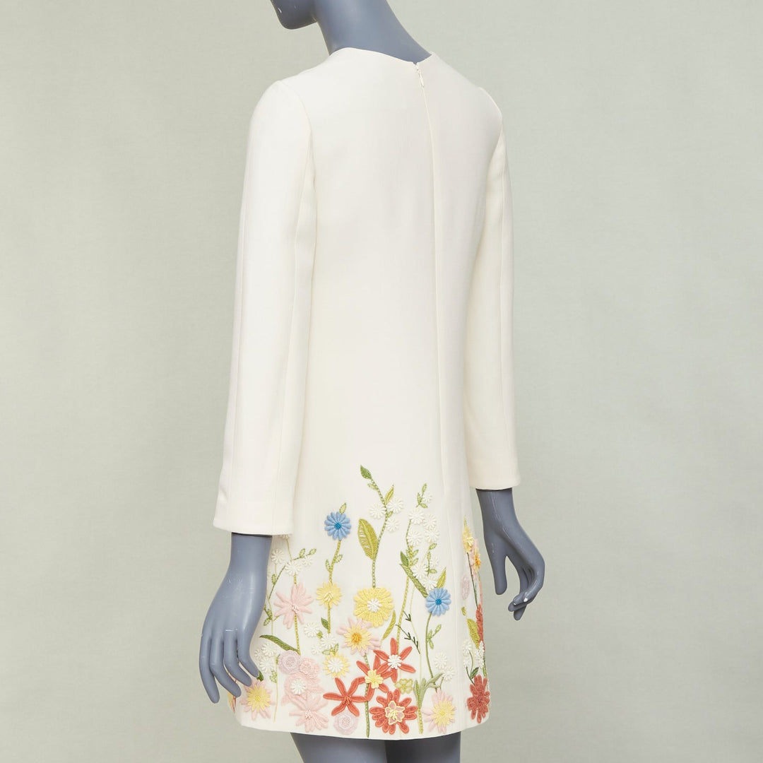 VALENTINO Crepe Couture ivory wool silk floral embroidered A-line dress IT38 XS