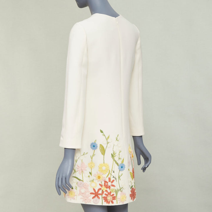 VALENTINO Crepe Couture ivory wool silk floral embroidered A-line dress IT38 XS