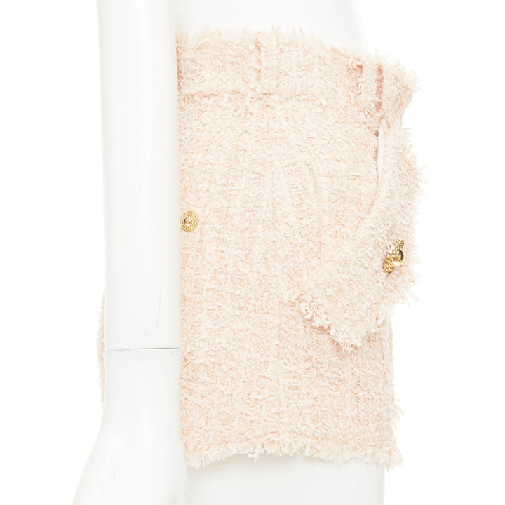 BALMAIN 2024 pink fringe lion head button high waist boucle tweed shorts FR34 XS