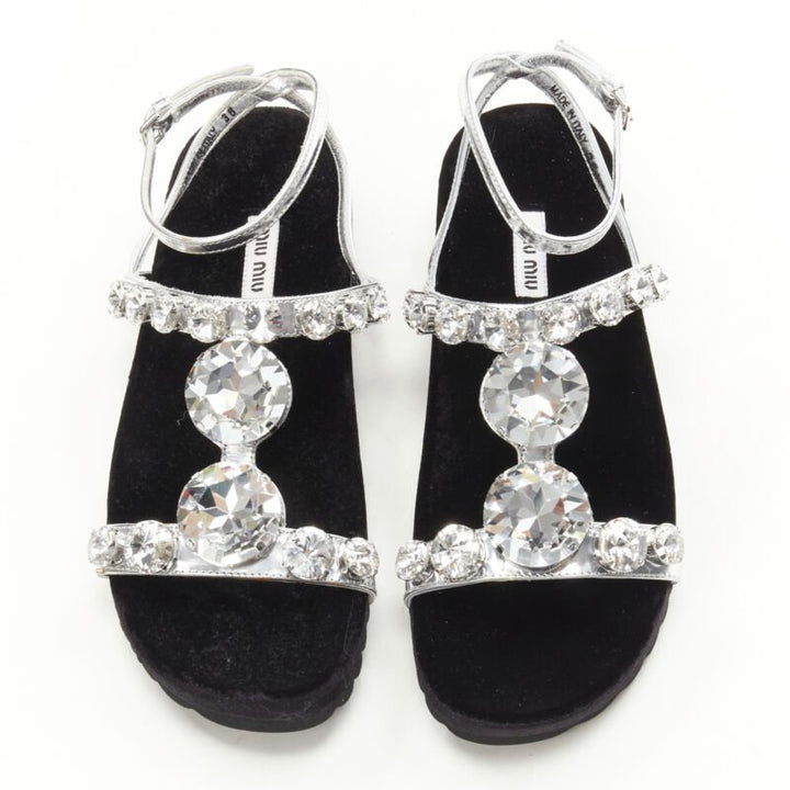 MIU MIU large rhinestone crystal metallic silver velvet flat sandals EU37