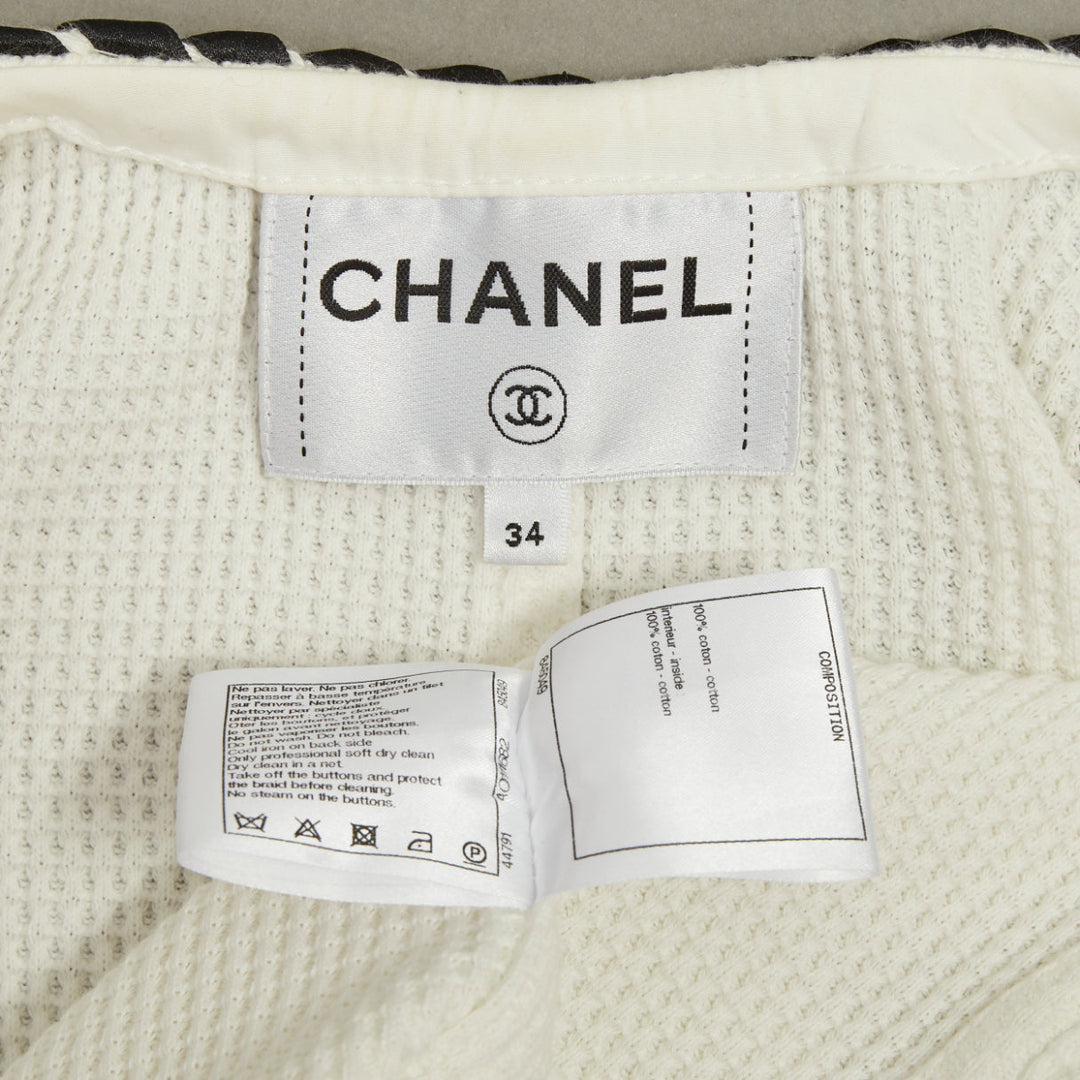 CHANEL 2021 Cruise white twist braid waffle knit crystal button jacket FR34 XX