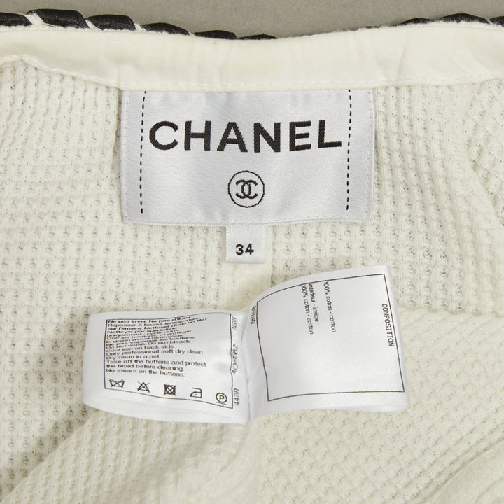CHANEL 2021 Cruise white twist braid waffle knit crystal button jacket FR34 XX